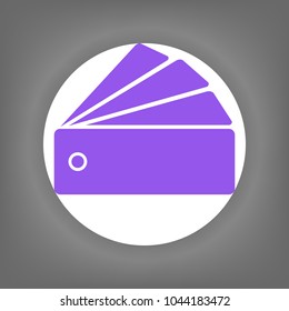 Color palette guide icon. Vector. Violet icon on white circle with shadow at gray background.