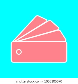 Color palette guide icon. Vector. Magenta icon with white sticker contour at sky blue background. Isolated.