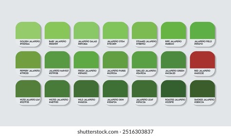 Paleta de cores Jalapeños, Paleta de guias de cores Jalapeños com nomes de cores. Catálogo Amostras de cores verdes com códigos RGB HEX. plástico, pintura, cor verde natural, moda tendência Jalapeños tons de cores