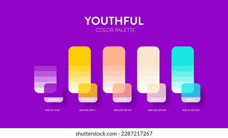 Color palette guide in Youthful colour theme collections. Color inspiration or colour chart with codes template. Color combination set of RGB. Colors swatch for graphic design, art, fashion or website