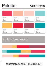 Color palette, harmonious combination, codes and names. Fashion colors for using in web, clothes, interiors and textiles