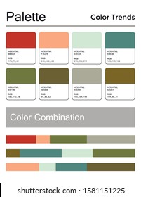 Color palette, harmonious combination, codes and names. Fashion colors for using in design, web, clothes, interiors and textiles. 