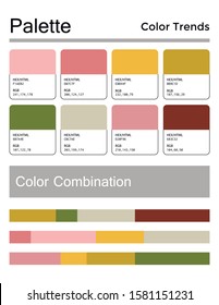 Color palette, harmonious combination, codes and names. Fashion colors for using in design, web, clothes, interiors and textiles. 