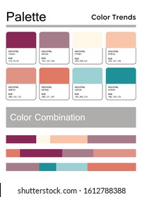 Color palette, harmonious combination, codes and names. Fashion colors for using in web, clothes, interiors and textiles