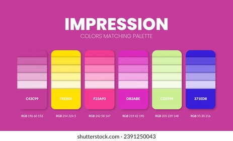 Paleta de color en colecciones de temas de color Impression. Inspiración de color o gráfico de colores con número de códigos. Conjunto de combinaciones de colores de RGB. Colores para diseño gráfico, arte, moda o web. Vector.