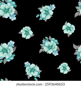 The color palette is limited to pale, light sage green for the flowers, dark gray grey for the leaves and buds, and a deep black background color The pattern repeats without any visible breaks.