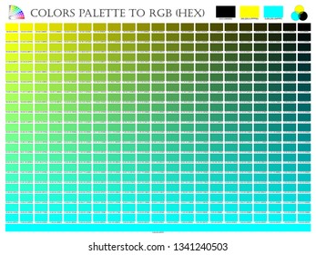 Color palette mixer 3 color (Black , Sky and Yellow) RGB mode in composition shade chart conform to RGB and HEX description guide on white background of illustrator