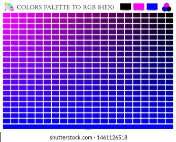 Color palette mixer 3 color (Black , Pink and Blue) RGB mode in composition shade chart conform to RGB and HEX description guide on white background of illustrator