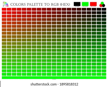 Color palette mixer 3 color (Black , Red and Green) RGB mode in composition shade chart conform to RGB and HEX description guide on white background of illustrator