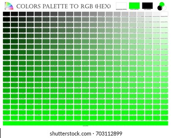 Color palette mixer 3 color (Black , White and Green) RGB mode in composition shade chart conform to RGB and HEX description guide on white background