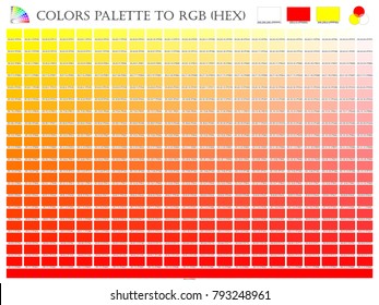 Color palette mixer 3 color (Red , White and Yellow) RGB mode in composition shade chart conform to RGB and HEX description guide on white background of illustrator