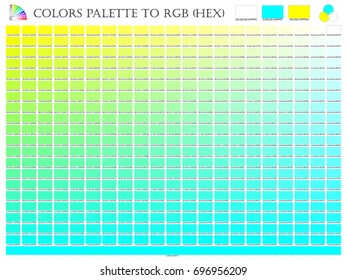 Color palette mixer 3 color (Yellow , White and Cyan) RGB mode in composition shade chart conform to pantone RGB and HEX description guide on white background of illustrator