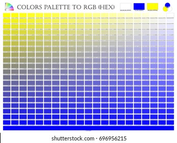 Color palette mixer 3 color (Yellow , White and Blue) RGB mode in composition shade chart conform to pantone RGB and HEX description guide on white background of illustrator