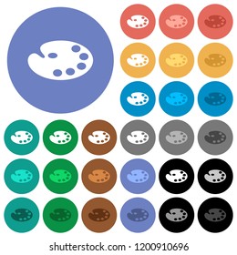 Color palette multi colored flat icons on round backgrounds. Included white, light and dark icon variations for hover and active status effects, and bonus shades.