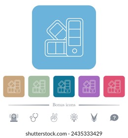 Color palette outline white flat icons on color rounded square backgrounds. 6 bonus icons included