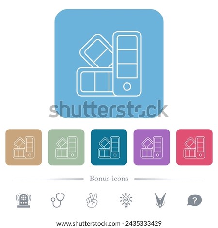 Color palette outline white flat icons on color rounded square backgrounds. 6 bonus icons included