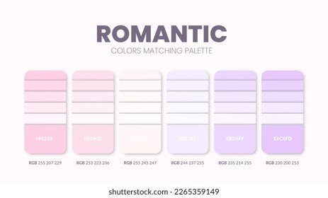 Color palette in Romantic colour theme collections. Color inspiration or colour chart with codes template. Color combination set of RGB. Colors swatch for graphic design, art, fashion, or web design.