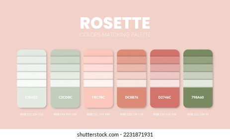 Color palette in a Rose colour themed collections. Color scheme or colors chart template. Color combination set of RGB, HSL and HEX codes. Color swatch for art, fashion, home design, or web design.