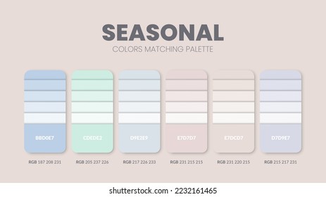 Color palette in Seasonal colour theme collections. Color scheme or colors chart template. Color combination set of RGB, HSL and HEX codes. Color swatch for art, fashion, home design, or web design.