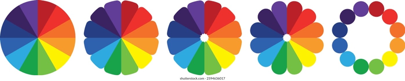 Color palette set, colors gradation chart diagrams set, rainbow multicolored round element, color spectrum in dark background.