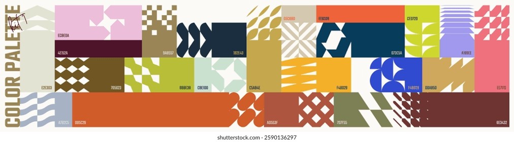 Color palette set, trendy different combined colors with HEX codes, vector banner with colorful ornament of abstract geometric shapes in brutalism style, modern collage postmodern figures