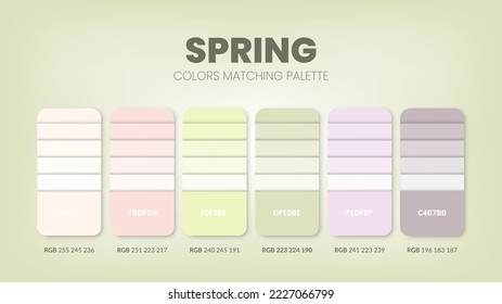 Color palette in a Spring colour theme collections. Color scheme or colors chart template. Color combination set of RGB, HSL and HEX codes. Color swatch for art, fashion, home design, or web design.