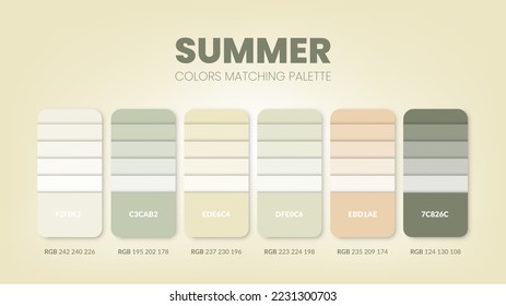 Farbpalette in einer Sommer-Farbthemenkollektion. Farbschema oder Farbdiagrammvorlage. Farbkombinationssatz aus RGB-, HSL- und HEX-Codes. Farbuhr für Kunst, Mode, Heimdesign oder Web. Vektorgrafik.