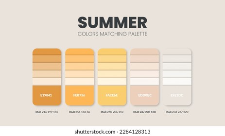 Paleta de colores en colecciones de temas de color de verano. Esquema de color o plantilla de gráfico de colores. Conjunto de combinaciones de colores de códigos RGB, HSL y HEX. Muestra de colores para arte, moda, diseño doméstico o web. Vector.