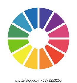 Color palette template for art school. Multicolored wheel. Infographic element round shape. Color circle guide. Pie chart diagram. Color theory. Twelve part color system. Coaching tool. Eps.