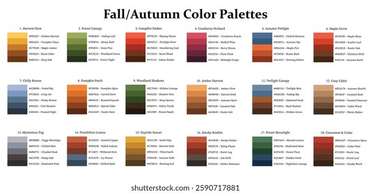 Color Palettes 18x5 Swatches Fall or Autumn Season - Cool, Warm, Neutral, Bright, Mix Colors - with HEX Codes and Names, Colour Scheme and Combinations