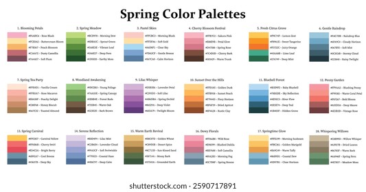 Color Palettes 18x5 Swatches Spring Season - Cool, Warm, Neutral, Soft, Pastel, Bright, Mix Colors - with HEX Codes and Names, Colour Scheme and Combinations