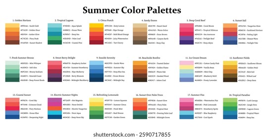 Color Palettes 18x5 Swatches Summer Season - Cool, Warm, Neutral, Bright, Soft, Mix Colors - with HEX Codes and Names, Colour Scheme and Combinations