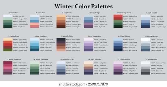 Color Palettes 18x5 Swatches Winter Season - Cool, Warm, Neutral, Mix Colors - with HEX Codes and Names, Colour Scheme and Combinations