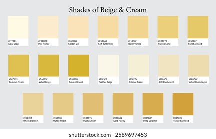 Color Palettes 20 Shades of Beige and Cream - Ivory, Sand and Vanilla Colors - with HEX Codes and Names, Colour Swatches and Combinations