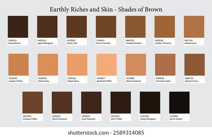 Color Palettes 20 Shades of Brown and Skin - Wood, Soil, Chocolate, Vintage, Earthy Colors - with HEX Codes and Names, Colour Swatches and Combinations