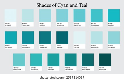 Color Palettes 20 Shades of Cyan and Teal - Turquoise, Aqua, Deep and Ice Colors - with HEX Codes and Names, Colour Swatches and Combinations