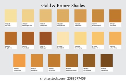 Color Palettes 20 Shades of Gold and Bronze - Soft, Warm, Deep and Aged Colors - with HEX Codes and Names, Colour Swatches and Combinations