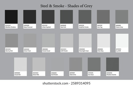 Color Palettes 20 Shades of Grey - Steel and Smoke Colors - with HEX Codes and Names, Colour Swatches and Combinations