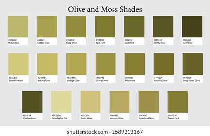 Color Palettes 20 Shades of Olive and Moss - Green, Warm, Military Colors - with HEX Codes and Names, Colour Swatches and Combinations