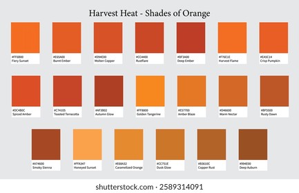 Color Palettes 20 Shades of Orange - Heat, Fire, Autumn, Sunset Colors - with HEX Codes and Names, Colour Swatches and Combinations