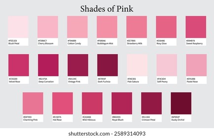 Color Palettes 20 Shades of Pink - Rose, Blush, Magenta, Dusty Colors - with HEX Codes and Names, Colour Swatches and Combinations