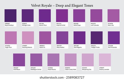 Color Palettes 20 Shades of Purple and Violet - Velvet Royale, Deep and Elegant Tones, Glowing Hues with HEX Codes and Names, Colour Swatches and Combinations