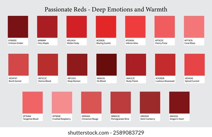 Color Palettes 20 Shades of Red - Passionate Reds Deep Emotions and Warmth Colors, Glowing Hues with HEX Codes and Names, Colour Swatches and Combinations