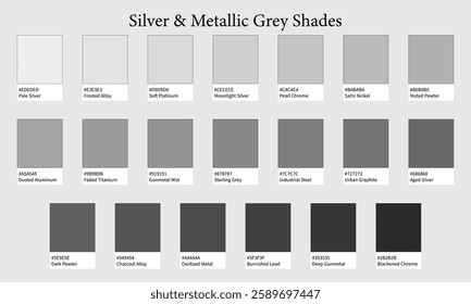 Color Palettes 20 Shades of Silver and Metallic Grey - Platinum, Cool, Neutral Colors - with HEX Codes and Names, Colour Swatches and Combinations