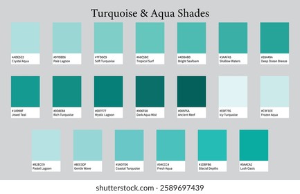 Color Palettes 20 Shades of Turquoise and Aqua - Light, Pastel and Deep Colors - with HEX Codes and Names, Colour Swatches and Combinations