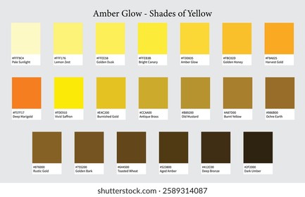 Color Palettes 20 Shades of Yellow - Bright, Warm, Gold, Cheerful Colors - with HEX Codes and Names, Colour Swatches and Combinations