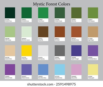 Color Palettes 24 Colours of Mystic Forest - Woodland, Deep, Earthy, Bright Colors - with HEX Codes and Names, Colour Scheme and Combinations