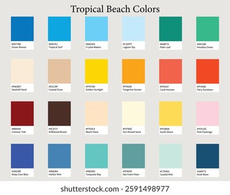 Color Palettes 24 Colours of Tropical Beach - Cool, Warm, Neutrals, Bright Colors - with HEX Codes and Names, Colour Scheme and Combinations