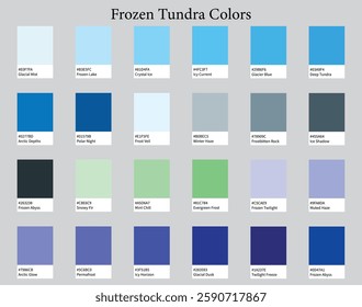 Color Palettes 24 Cool Colours of Frozen Tundra - Icey, Muted, Grey, Pastel Colors - with HEX Codes and Names, Colour Scheme and Combinations