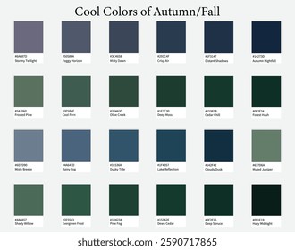 Color Palettes 24 Cool Shades of Autumn or Fall - Purple, Green, Deep Colors - with HEX Codes and Names, Colour Scheme and Combinations